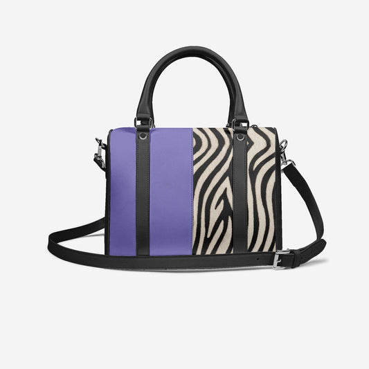 Handbag with purple and zebra pattern design on a white background