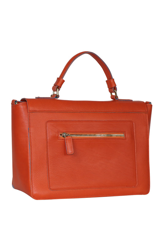 Orange handbag with a gold zipper on a white background