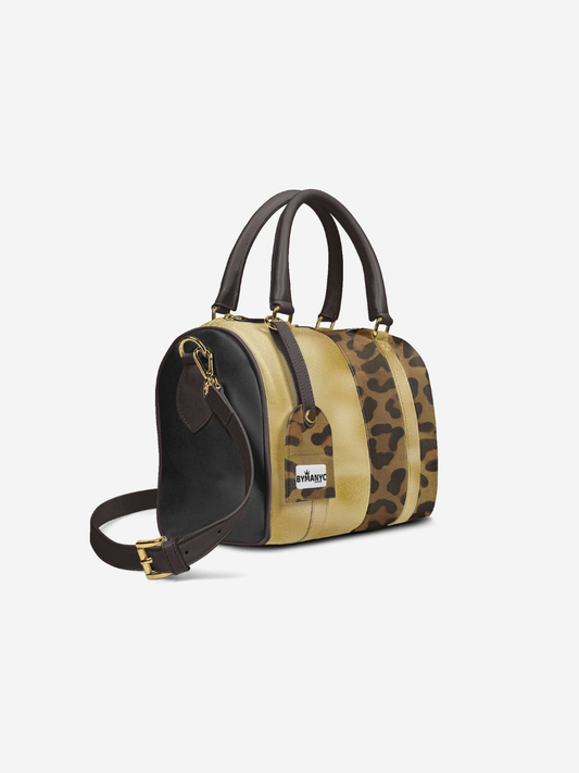 Handbag with leopard print and beige sections on a white background
