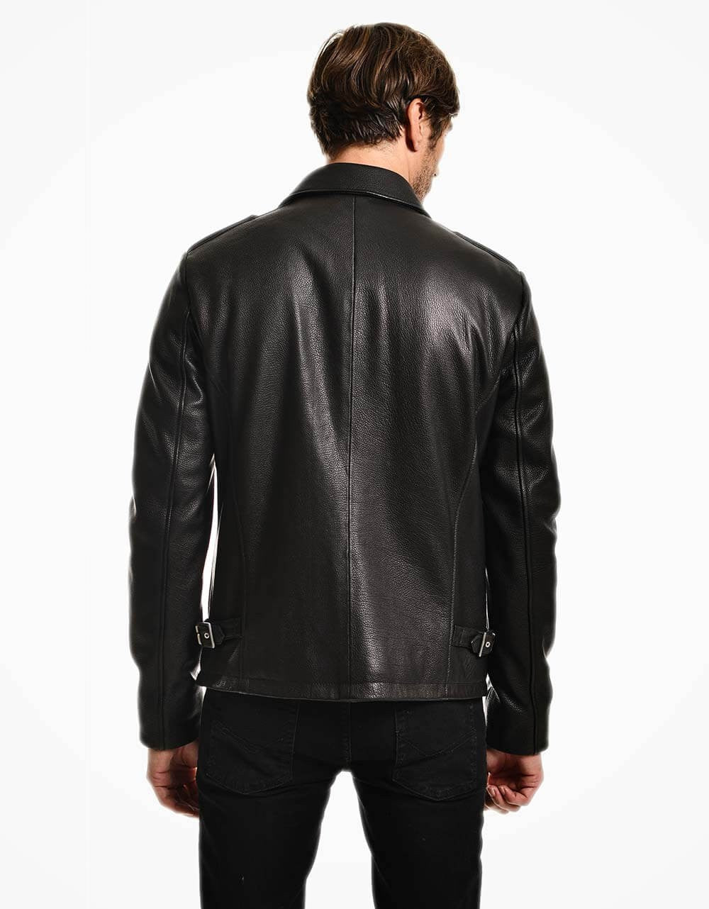 Man wearing a black leather jacket on a white background