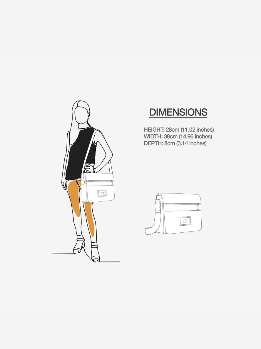 Outline of a person holding a bag with product dimensions on a white background