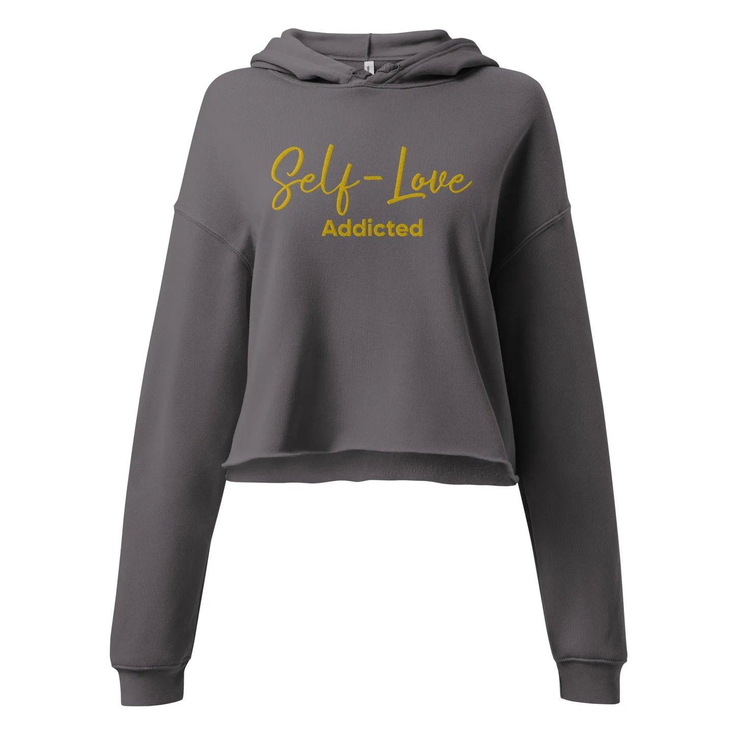 Gray hoodie with 'Self-Love Addicted' text in yellow on a white background