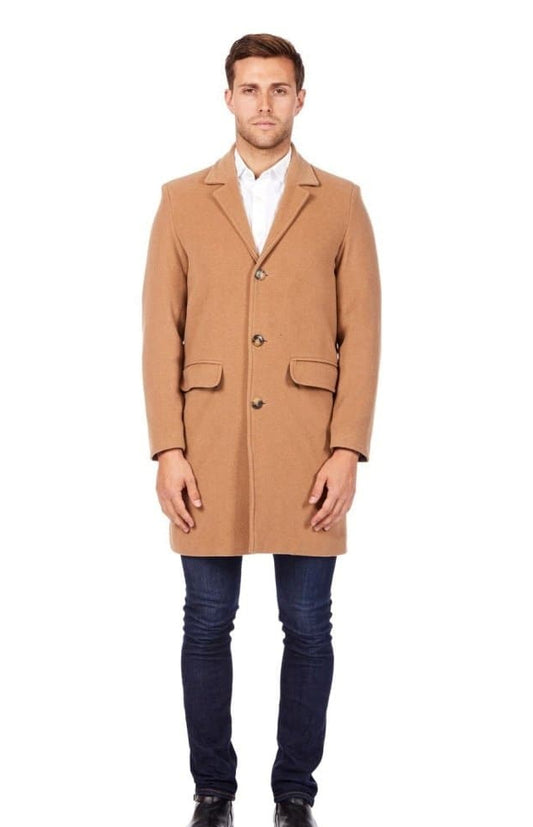 Man wearing a tan coat on a white background