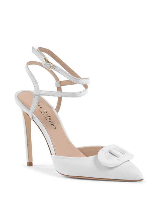 Dee Pandora Pump White Lambskin Leather - Italian Designer Stiletto Heels with Ankle Ties - Style Queenz