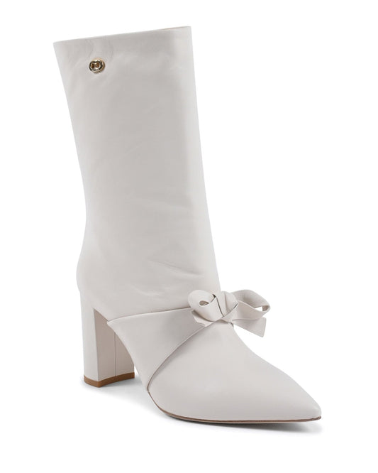 Dominic Boot Off White - Italian Leather Short Boot with Pointed Toe & Bow Detail - Style Queenz