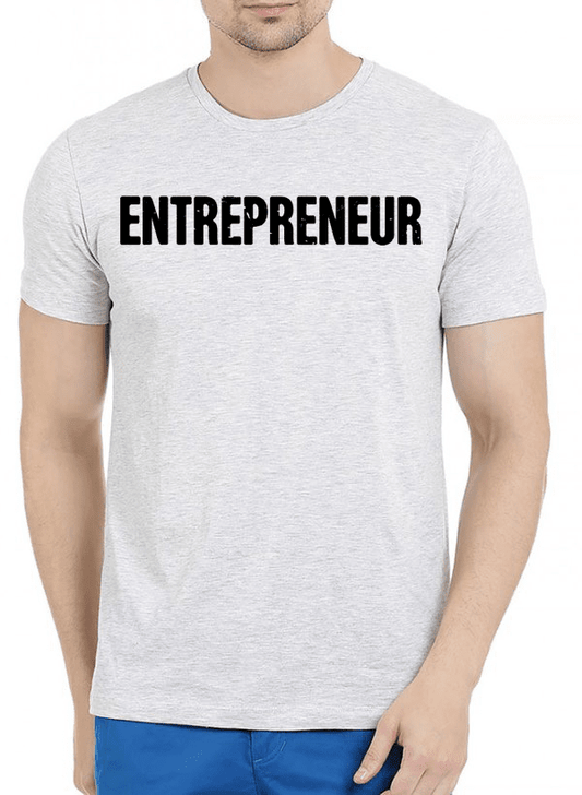 Person wearing a gray t-shirt with 'ENTREPRENEUR' text on a white background