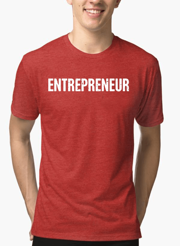 Red t-shirt with 'ENTREPRENEUR' text worn by a person on a white background