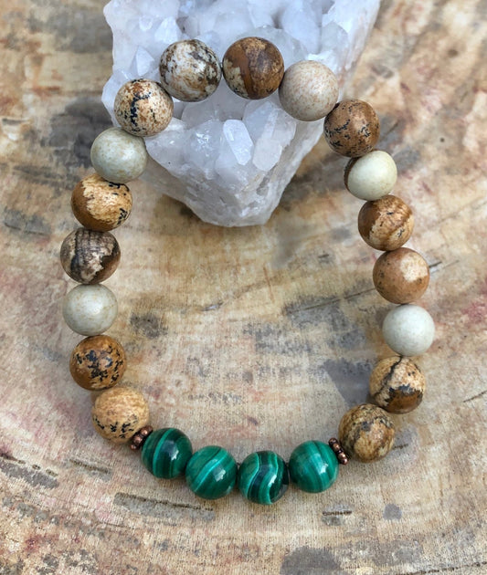 Genuine Malachite Picture Jasper Stretch Bracelet - Natural Healing Crystal Jewelry - Style Queenz