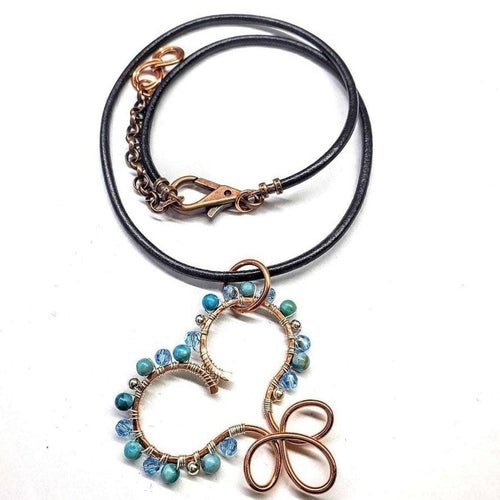 Handmade Copper Wire Wrapped Turquoise Heart Necklace - Adjustable Leather Cord - Style Queenz