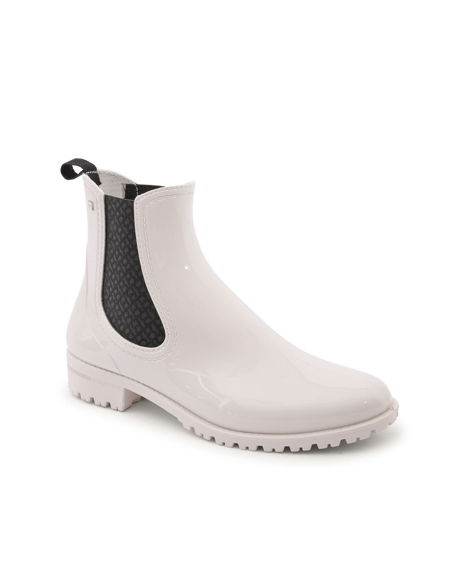 White rain boot with black side panel on a white background