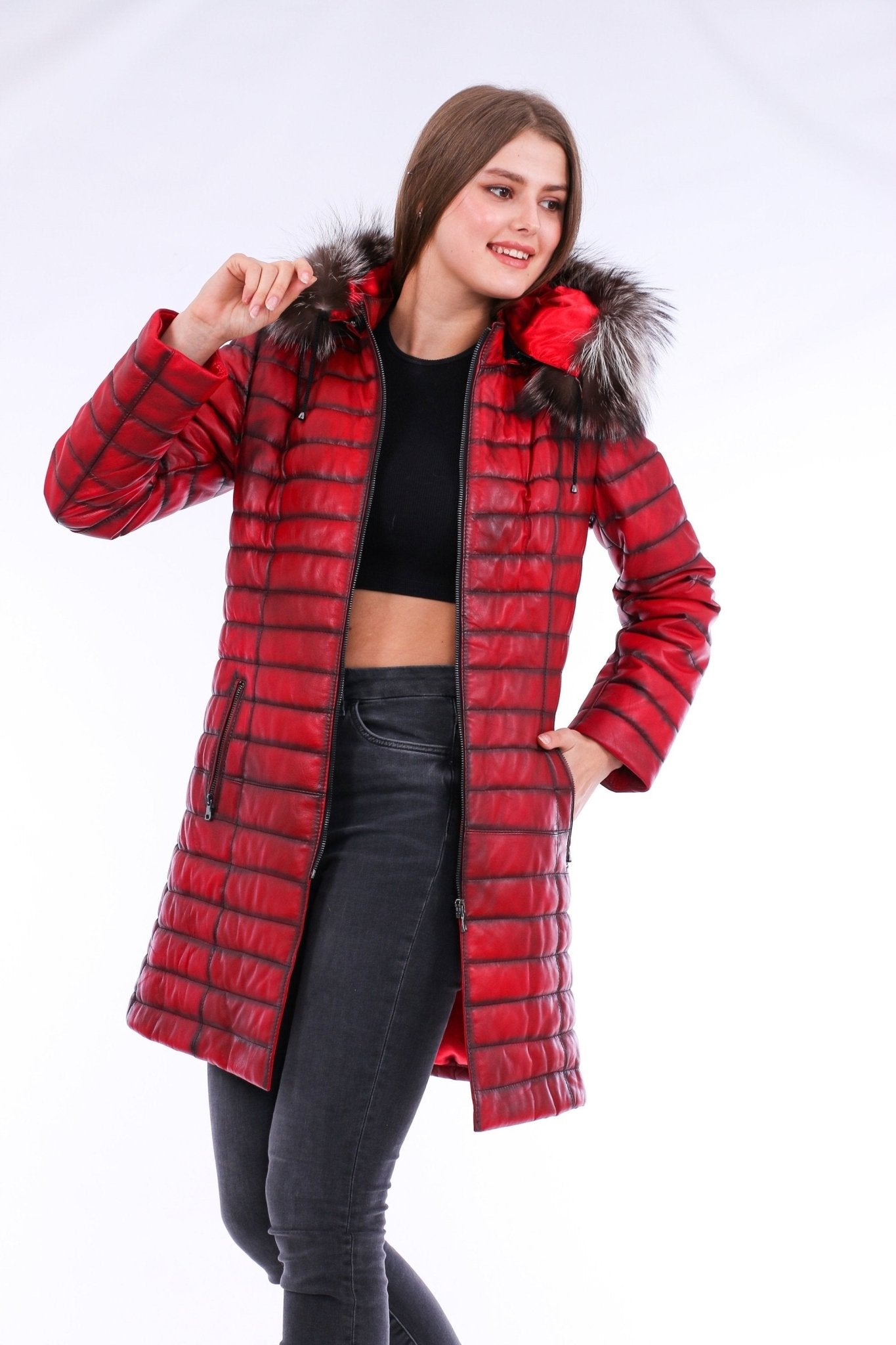 Inverno Red Leather Trench Coat - Premium Sheepskin with Fox Fur Collar - Style Queenz