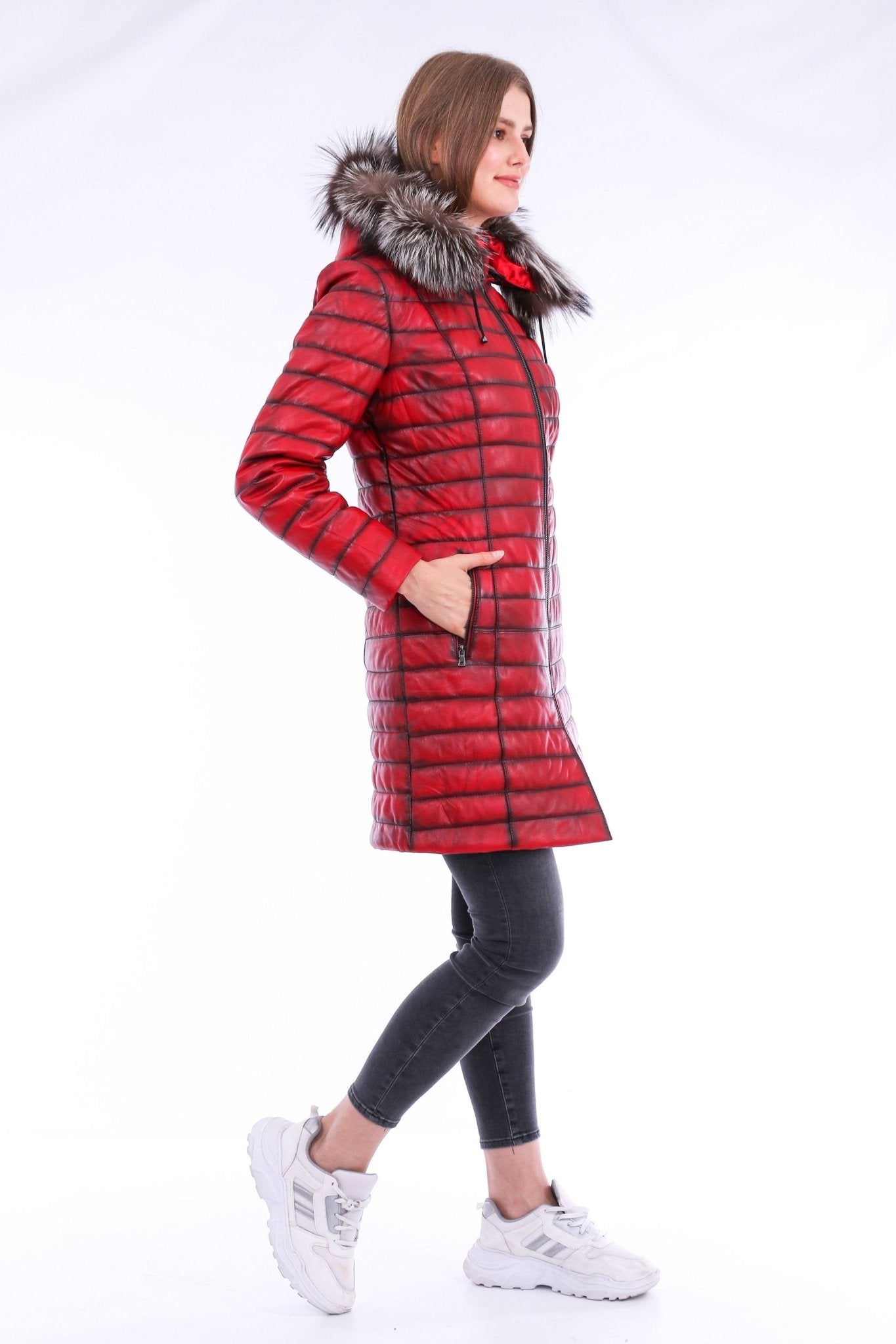 Inverno Red Leather Trench Coat - Premium Sheepskin with Fox Fur Collar - Style Queenz