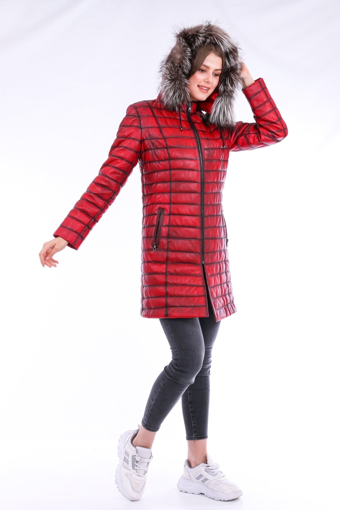 Inverno Red Leather Trench Coat - Premium Sheepskin with Fox Fur Collar - Style Queenz