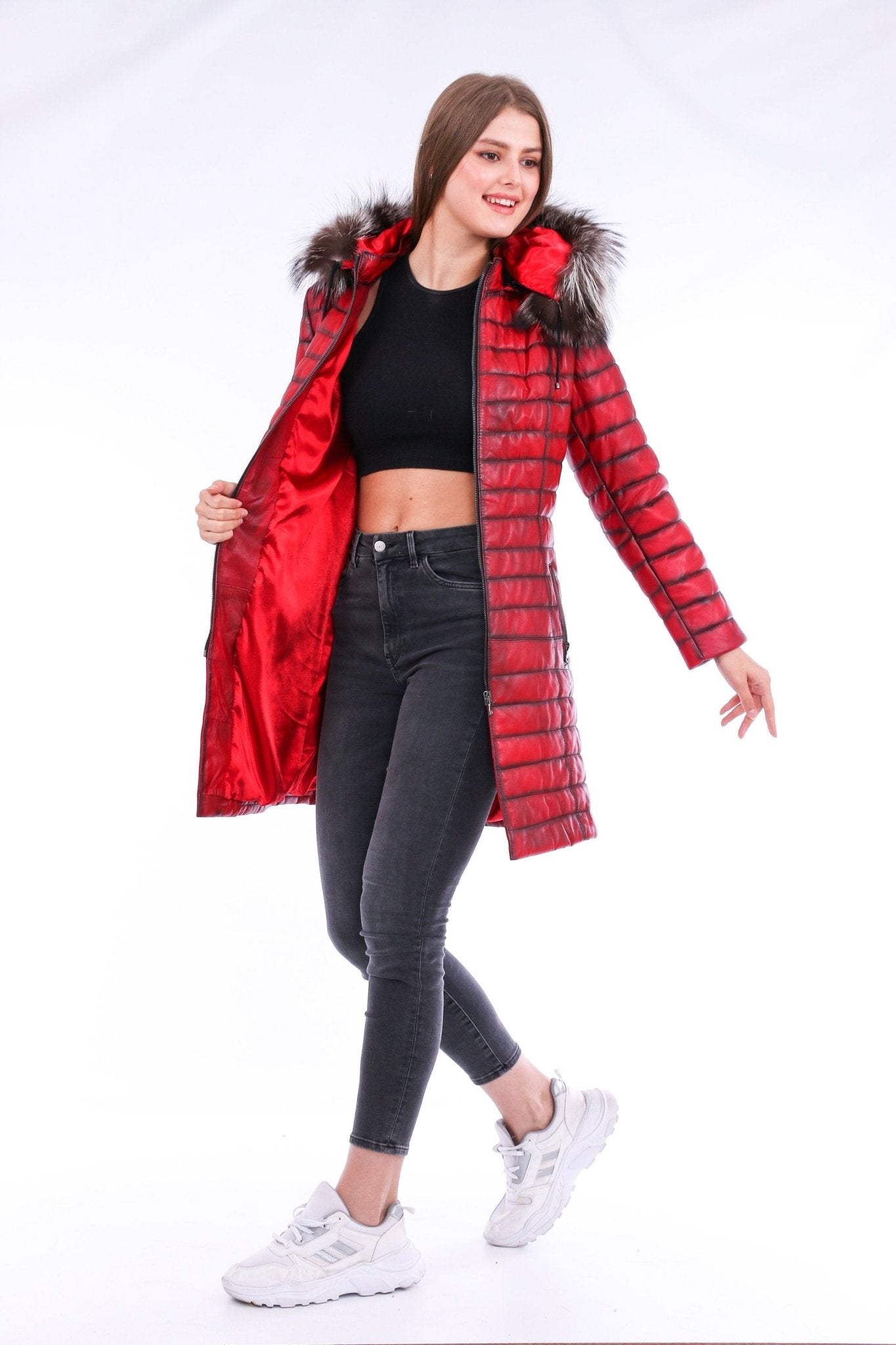 Inverno Red Leather Trench Coat - Premium Sheepskin with Fox Fur Collar - Style Queenz