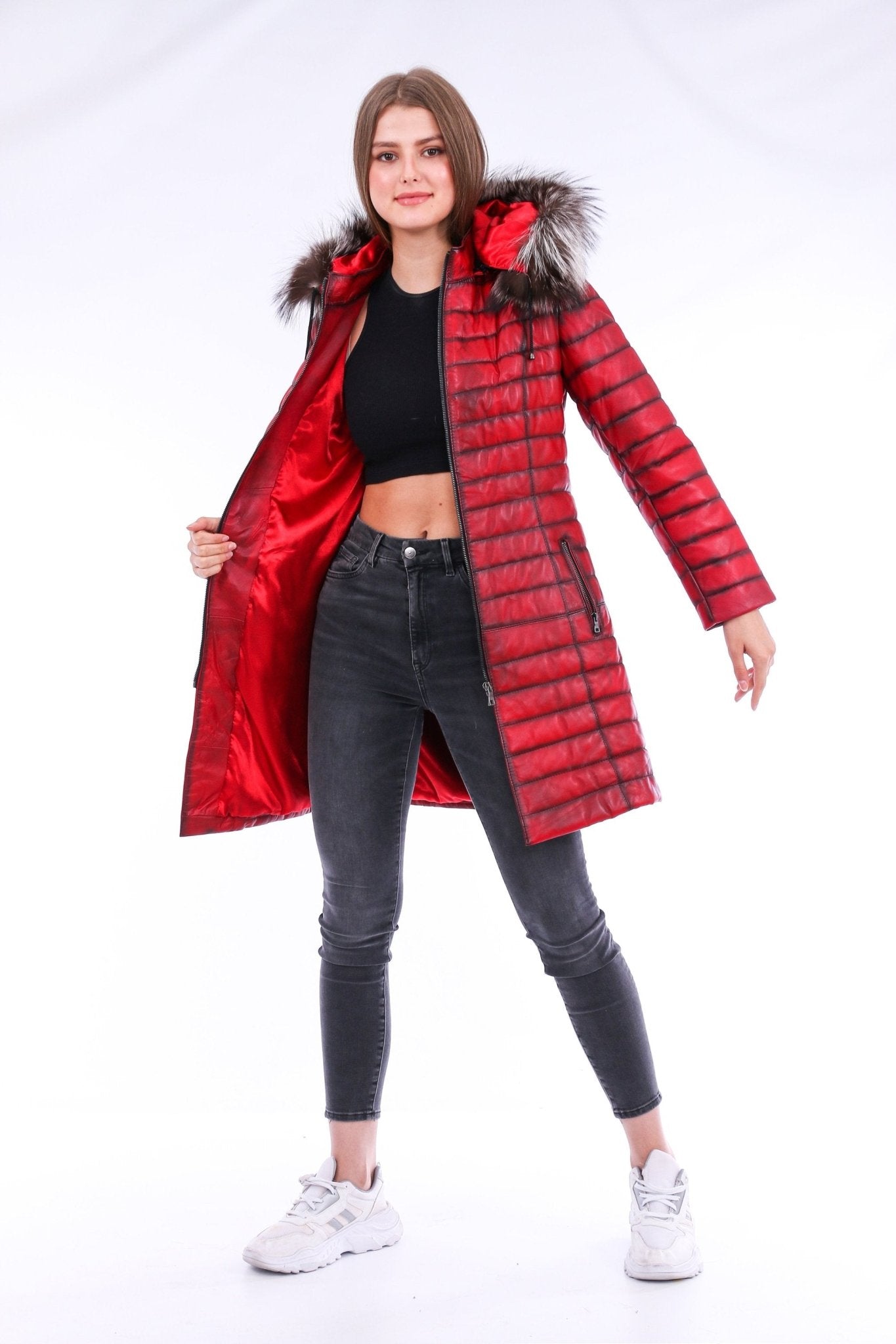 Inverno Red Leather Trench Coat - Premium Sheepskin with Fox Fur Collar - Style Queenz