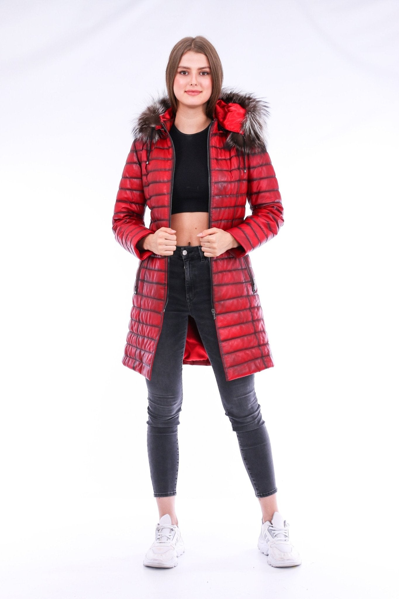 Inverno Red Leather Trench Coat - Premium Sheepskin with Fox Fur Collar - Style Queenz