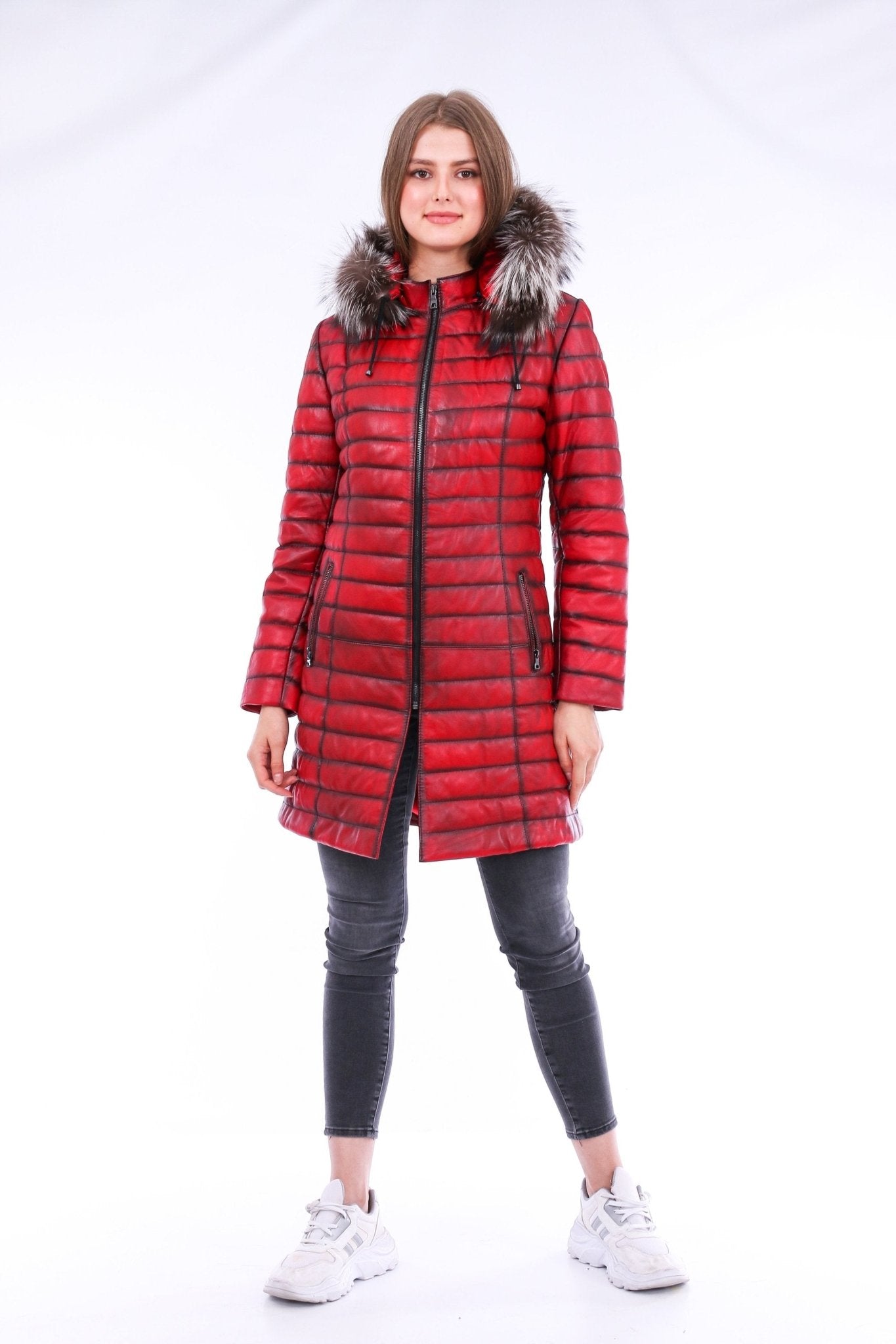 Inverno Red Leather Trench Coat - Premium Sheepskin with Fox Fur Collar - Style Queenz