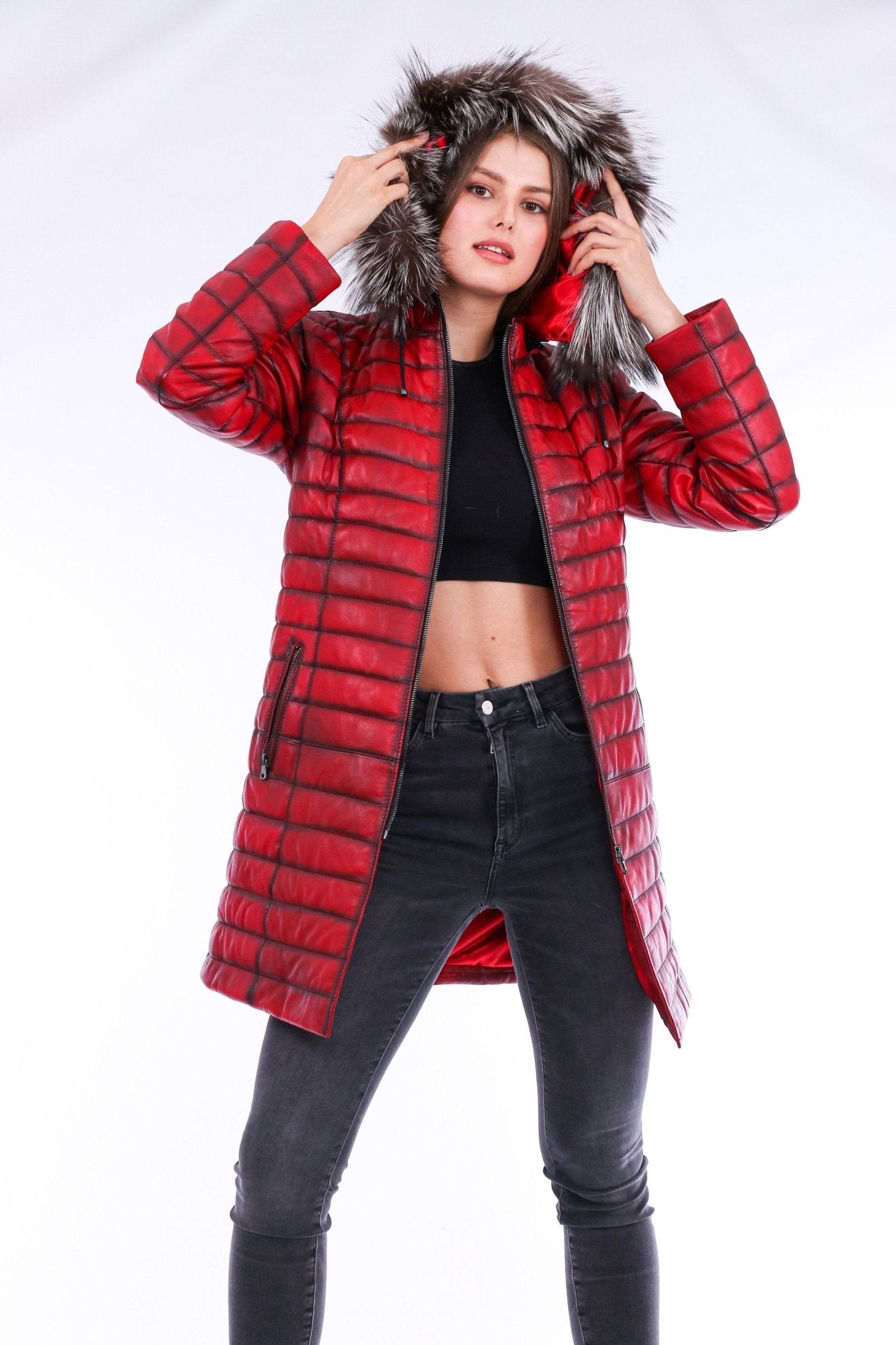 Inverno Red Leather Trench Coat - Premium Sheepskin with Fox Fur Collar - Style Queenz