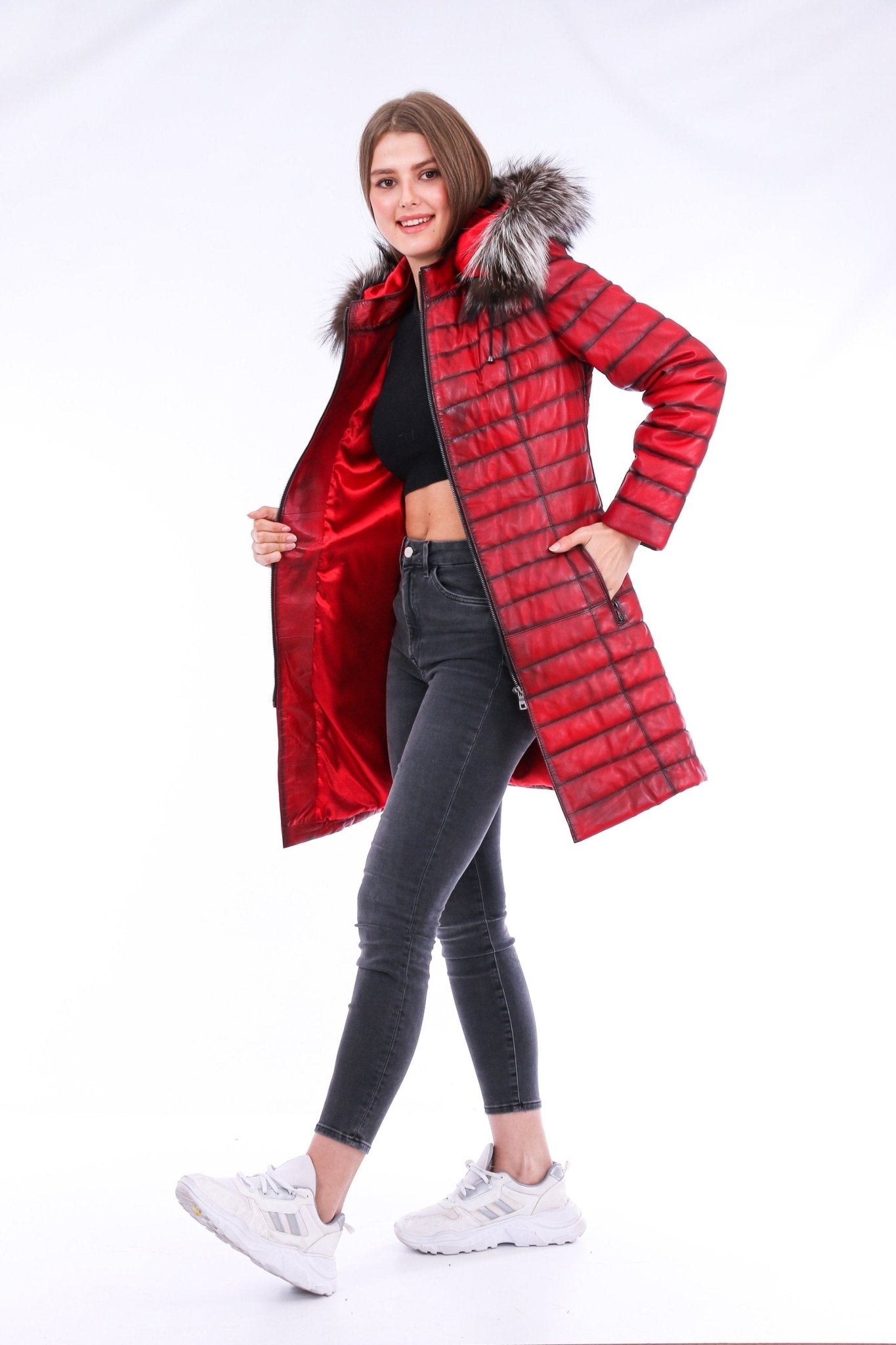 Inverno Red Leather Trench Coat - Premium Sheepskin with Fox Fur Collar - Style Queenz