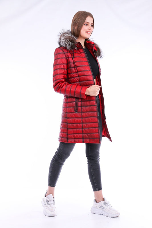 Inverno Red Leather Trench Coat - Premium Sheepskin with Fox Fur Collar - Style Queenz