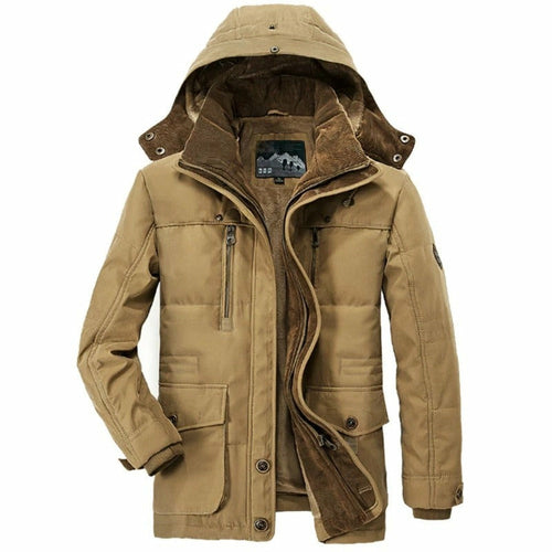 Brown winter coat with a hood on a white background