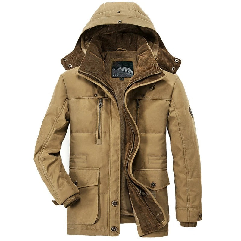 Tan winter coat with a hood on a white background