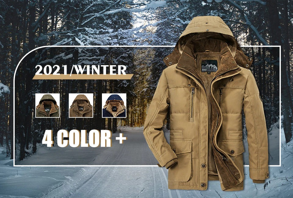 Tan winter jacket with a snowy forest background, featuring 2021/2022 season text and color options.