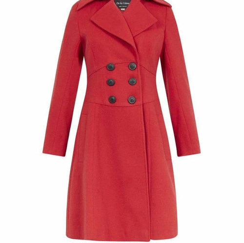 Red coat with black buttons on a white background