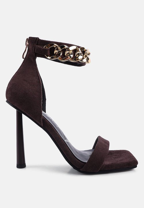 Last Sip Micro Suede High Heel Sandals - Metallic Chain Detail Stilettos - Style Queenz