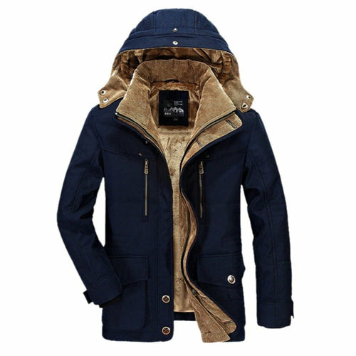 Navy blue jacket with brown fur lining on a white background
