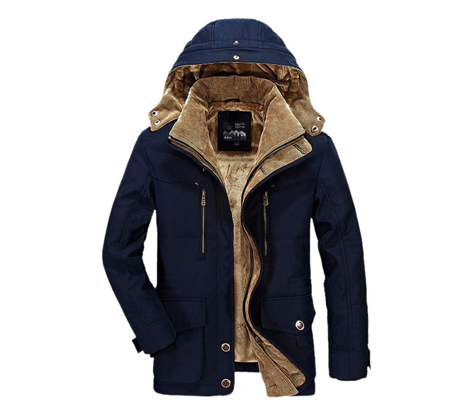 Navy blue jacket with brown fur lining on a white background
