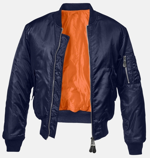 Navy blue bomber jacket with orange interior on a light gray background