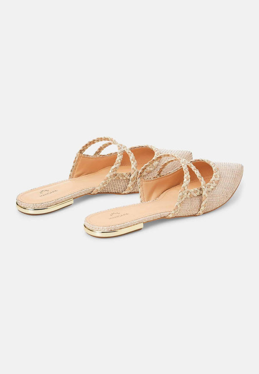 Pair of flat sandals with woven design on a white background