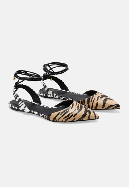 Animal Print Calf Leather Flat Sandals - Pointed Toe