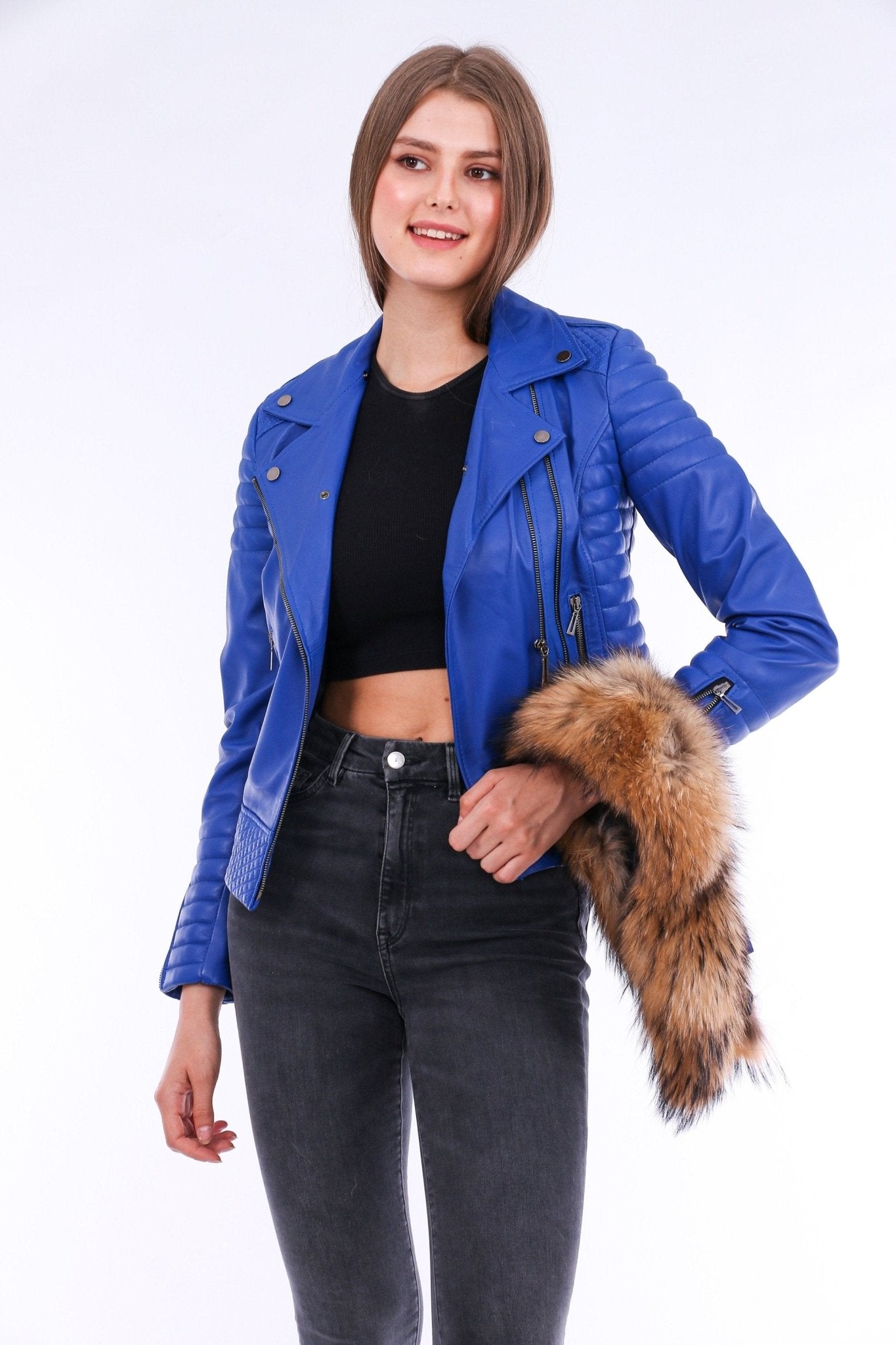 Milani Blue Quilted Leather Biker Jacket - Women's Genuine Lambskin - Style Queenz