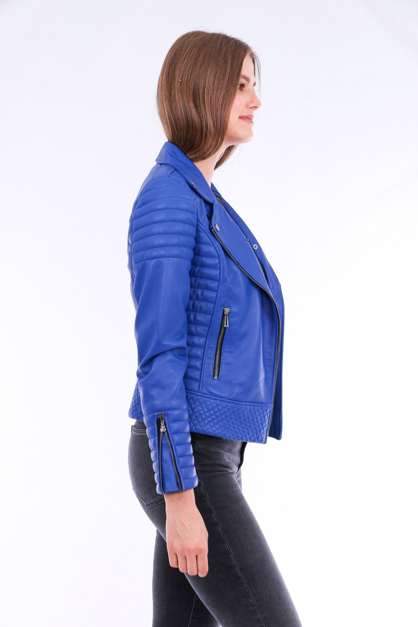 Milani Blue Quilted Leather Biker Jacket - Women's Genuine Lambskin - Style Queenz