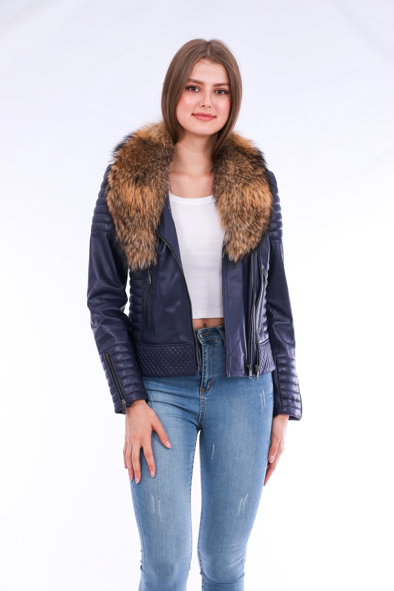Milani Navy Blue Quilted Leather Biker Jacket - Premium Nappa Lambskin Women's Motorcycle Jacket - Style Queenz