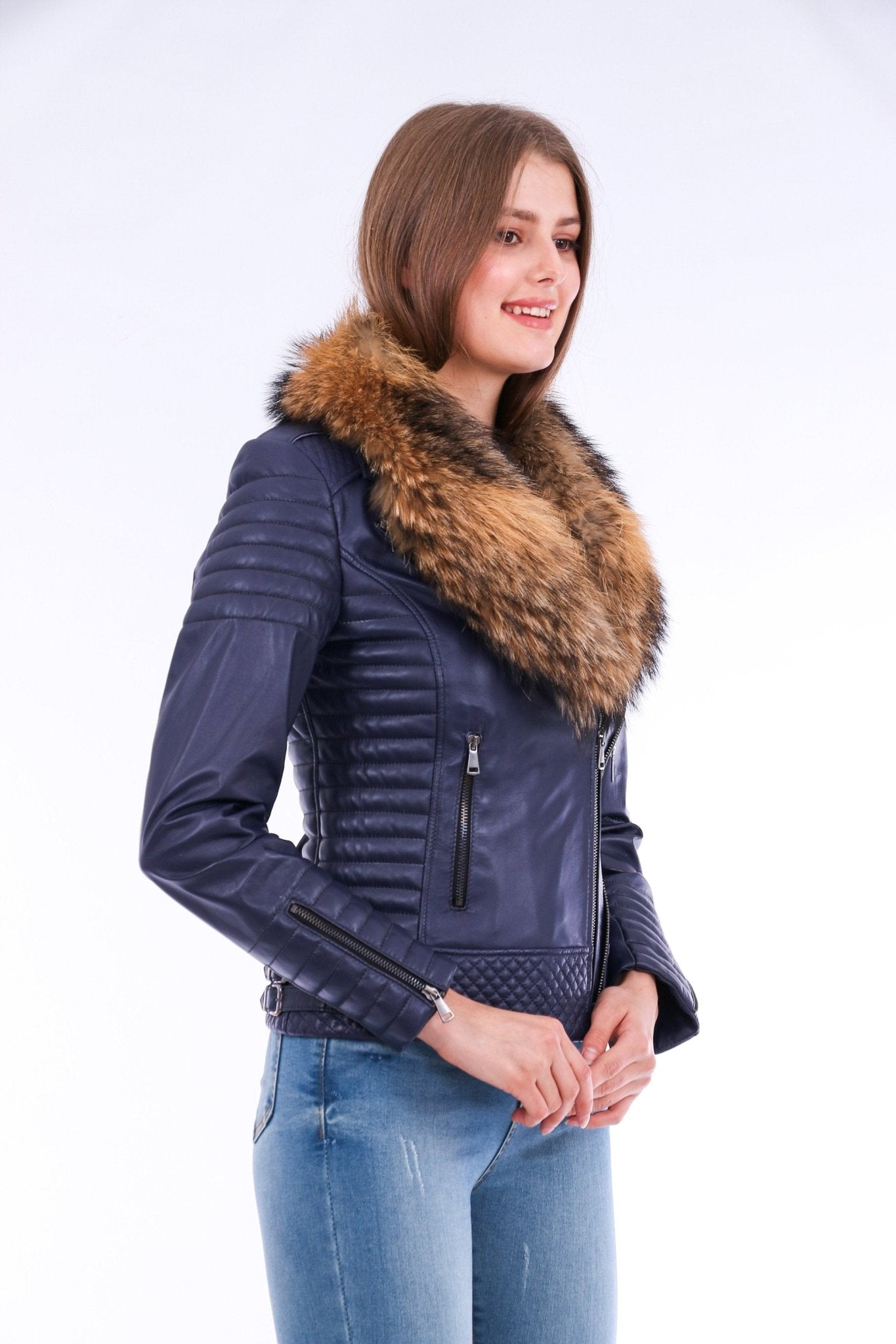 Milani Navy Blue Quilted Leather Biker Jacket - Premium Nappa Lambskin Women's Motorcycle Jacket - Style Queenz