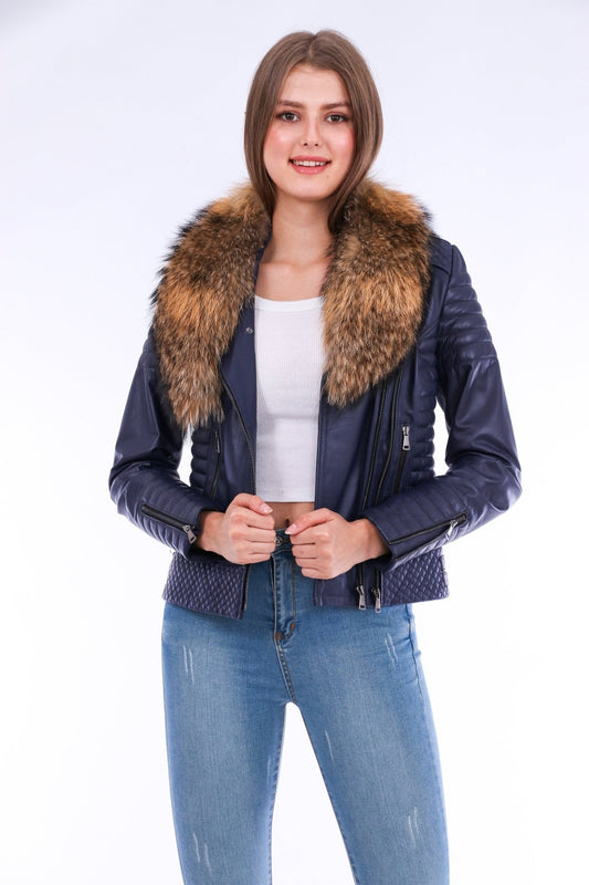 Milani Navy Blue Quilted Leather Biker Jacket - Premium Nappa Lambskin Women's Motorcycle Jacket - Style Queenz