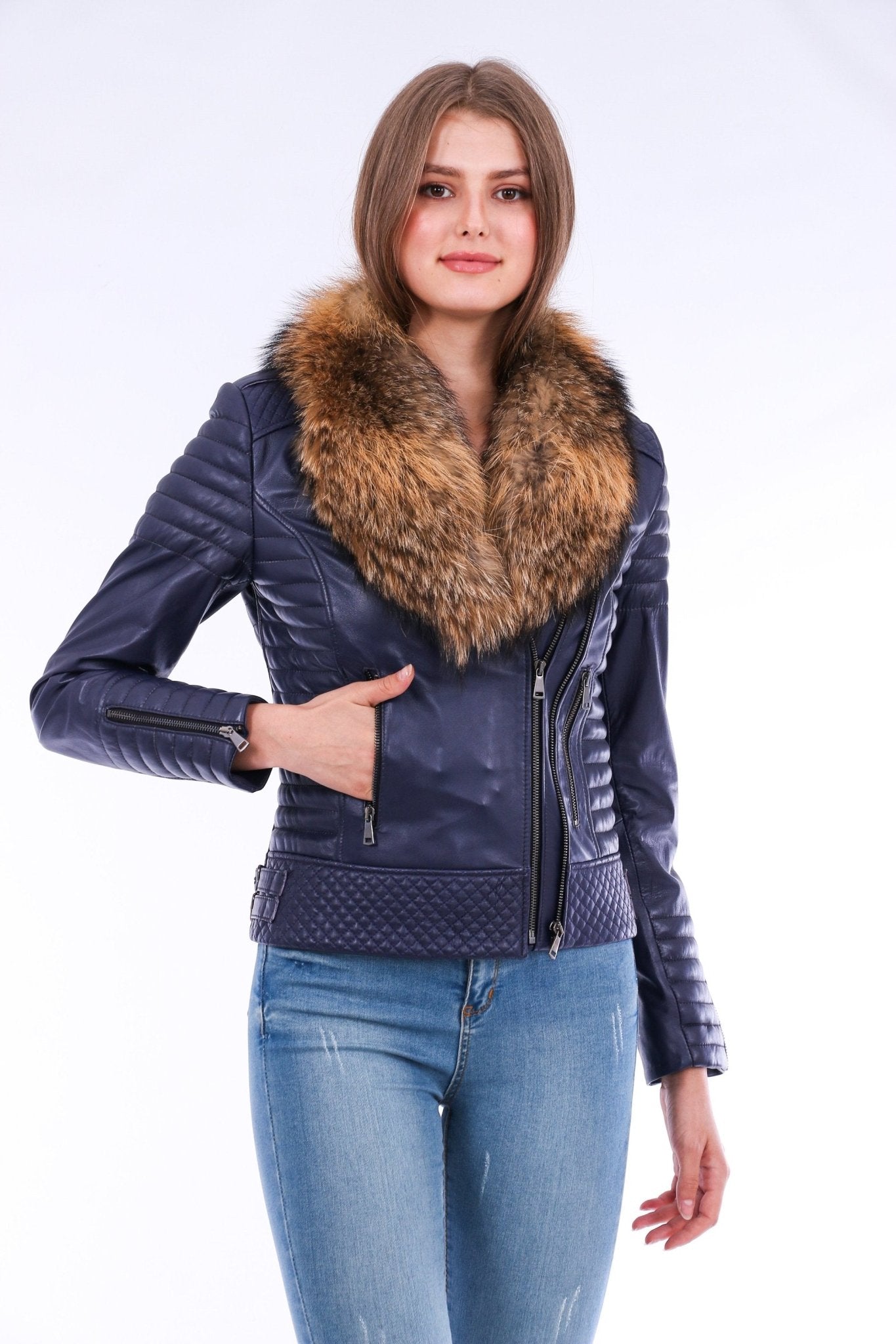 Milani Navy Blue Quilted Leather Biker Jacket - Premium Nappa Lambskin Women's Motorcycle Jacket - Style Queenz