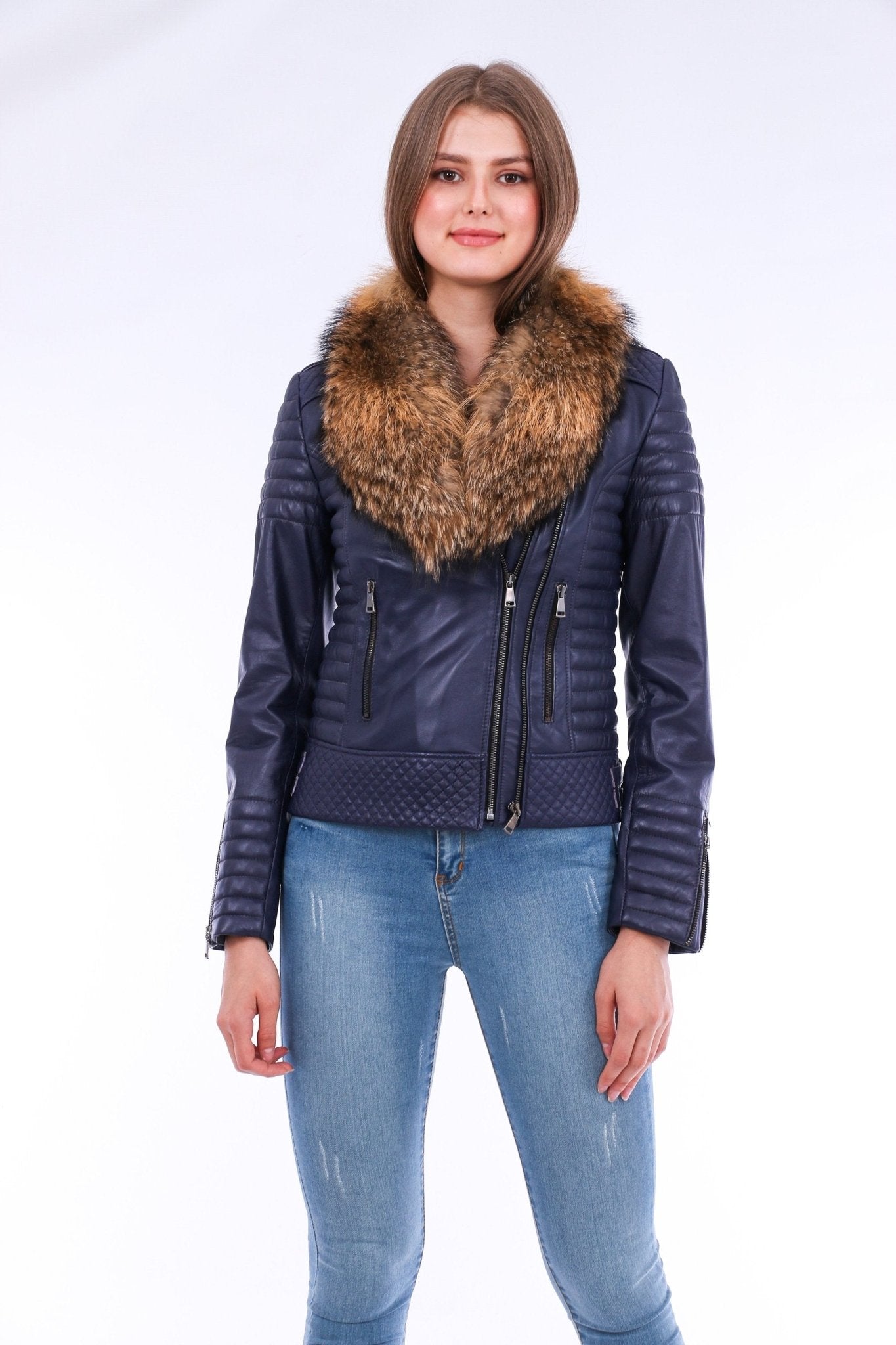 Milani Navy Blue Quilted Leather Biker Jacket - Premium Nappa Lambskin Women's Motorcycle Jacket - Style Queenz