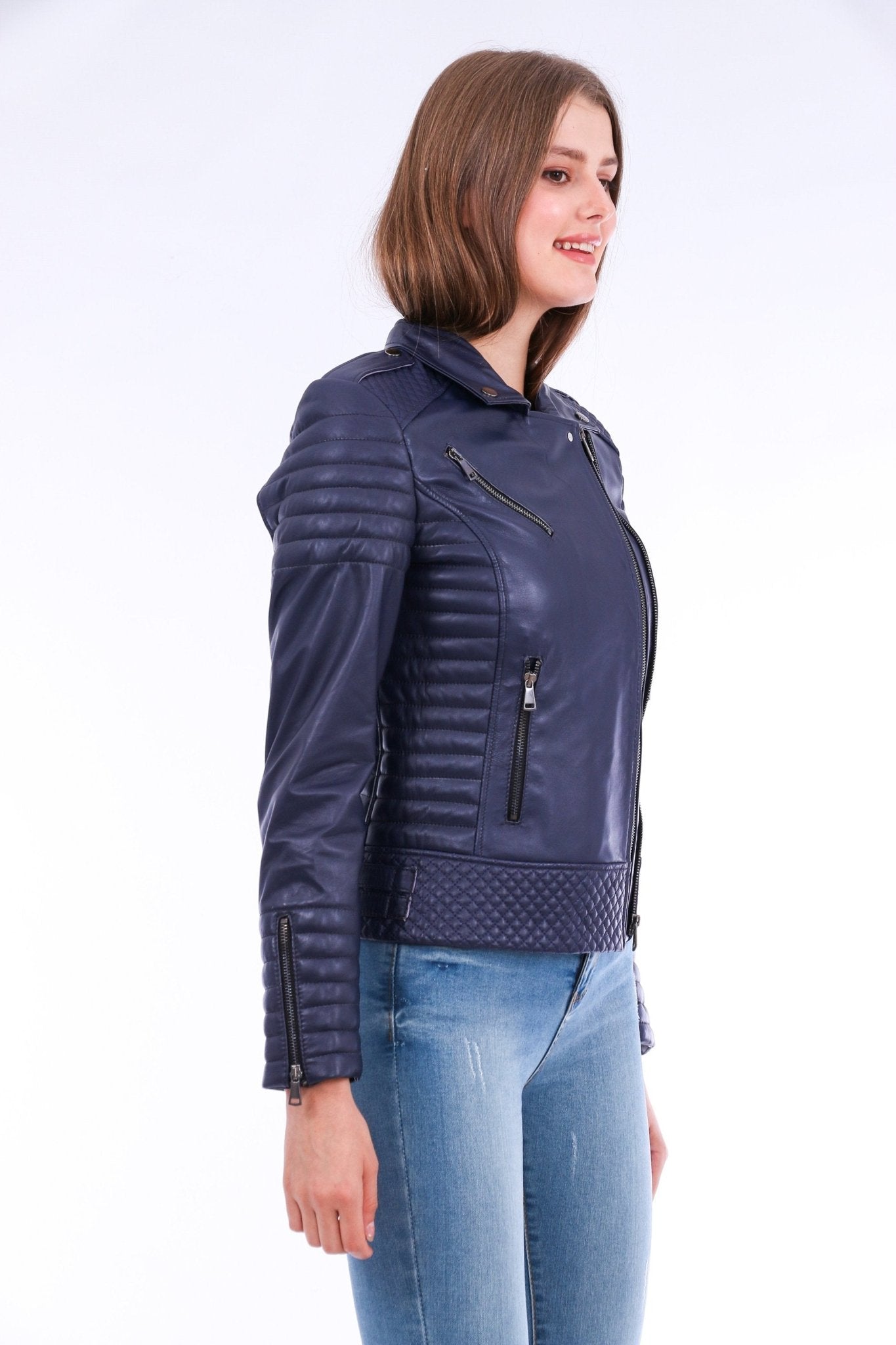 Milani Navy Blue Quilted Leather Biker Jacket - Premium Nappa Lambskin Women's Motorcycle Jacket - Style Queenz