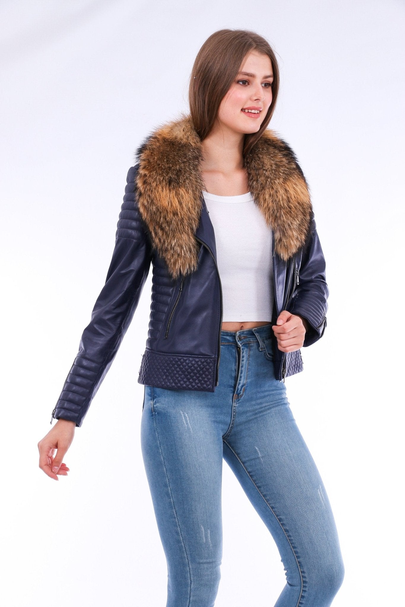 Milani Navy Blue Quilted Leather Biker Jacket - Premium Nappa Lambskin Women's Motorcycle Jacket - Style Queenz