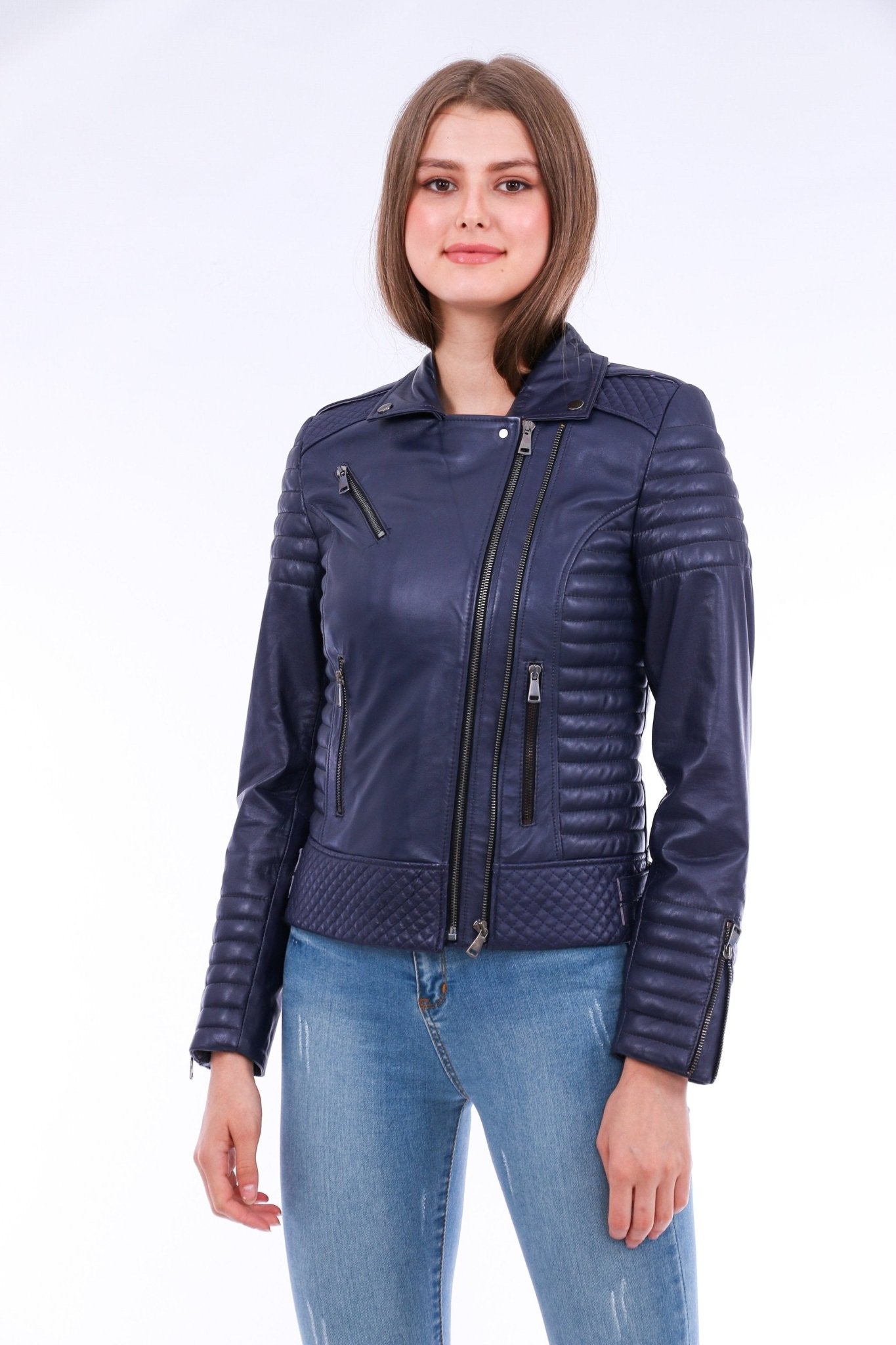 Milani Navy Blue Quilted Leather Biker Jacket - Premium Nappa Lambskin Women's Motorcycle Jacket - Style Queenz