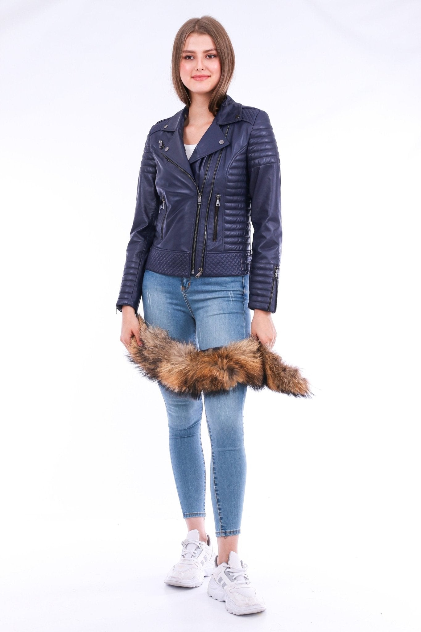 Milani Navy Blue Quilted Leather Biker Jacket - Premium Nappa Lambskin Women's Motorcycle Jacket - Style Queenz