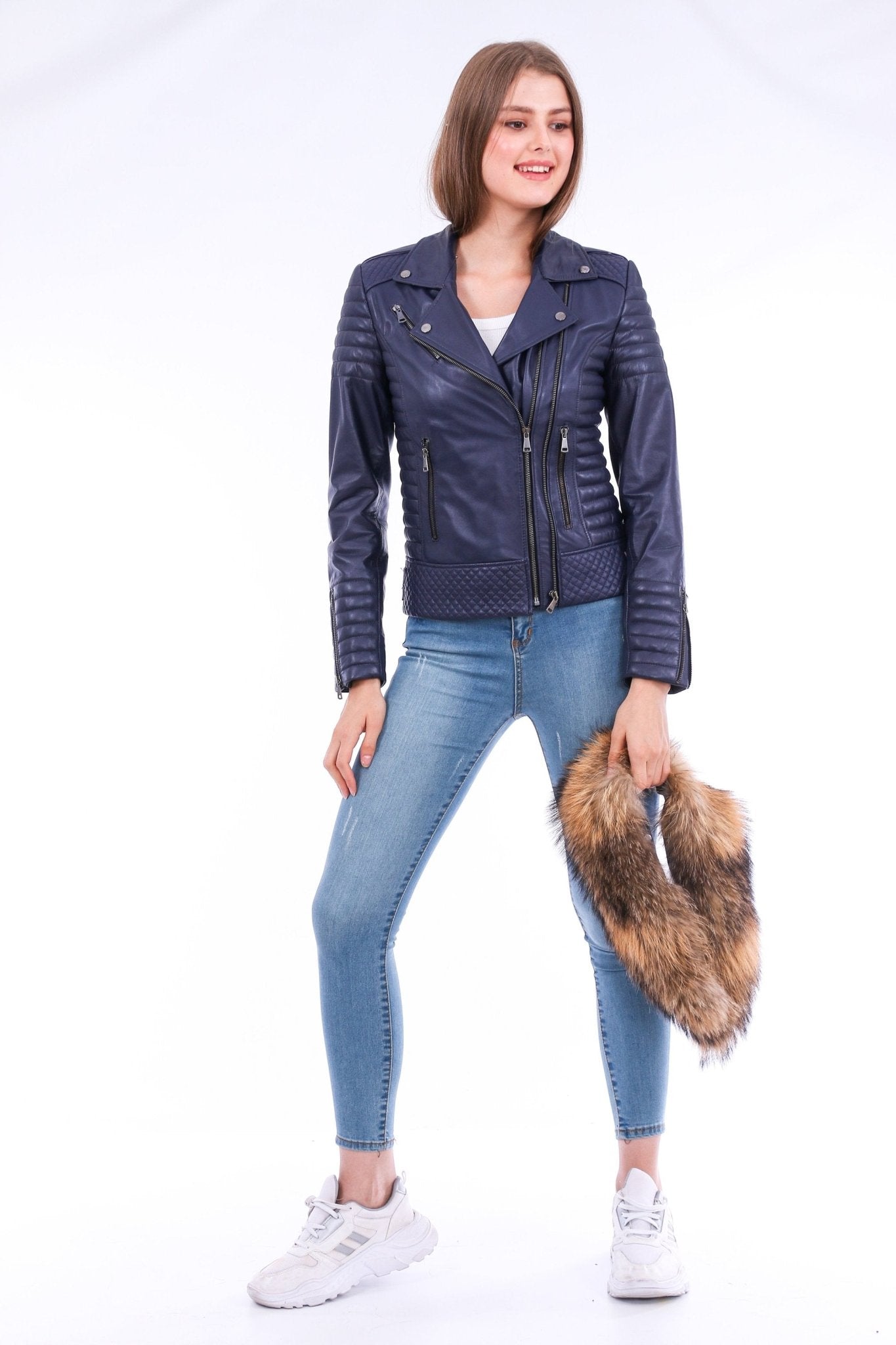 Milani Navy Blue Quilted Leather Biker Jacket - Premium Nappa Lambskin Women's Motorcycle Jacket - Style Queenz