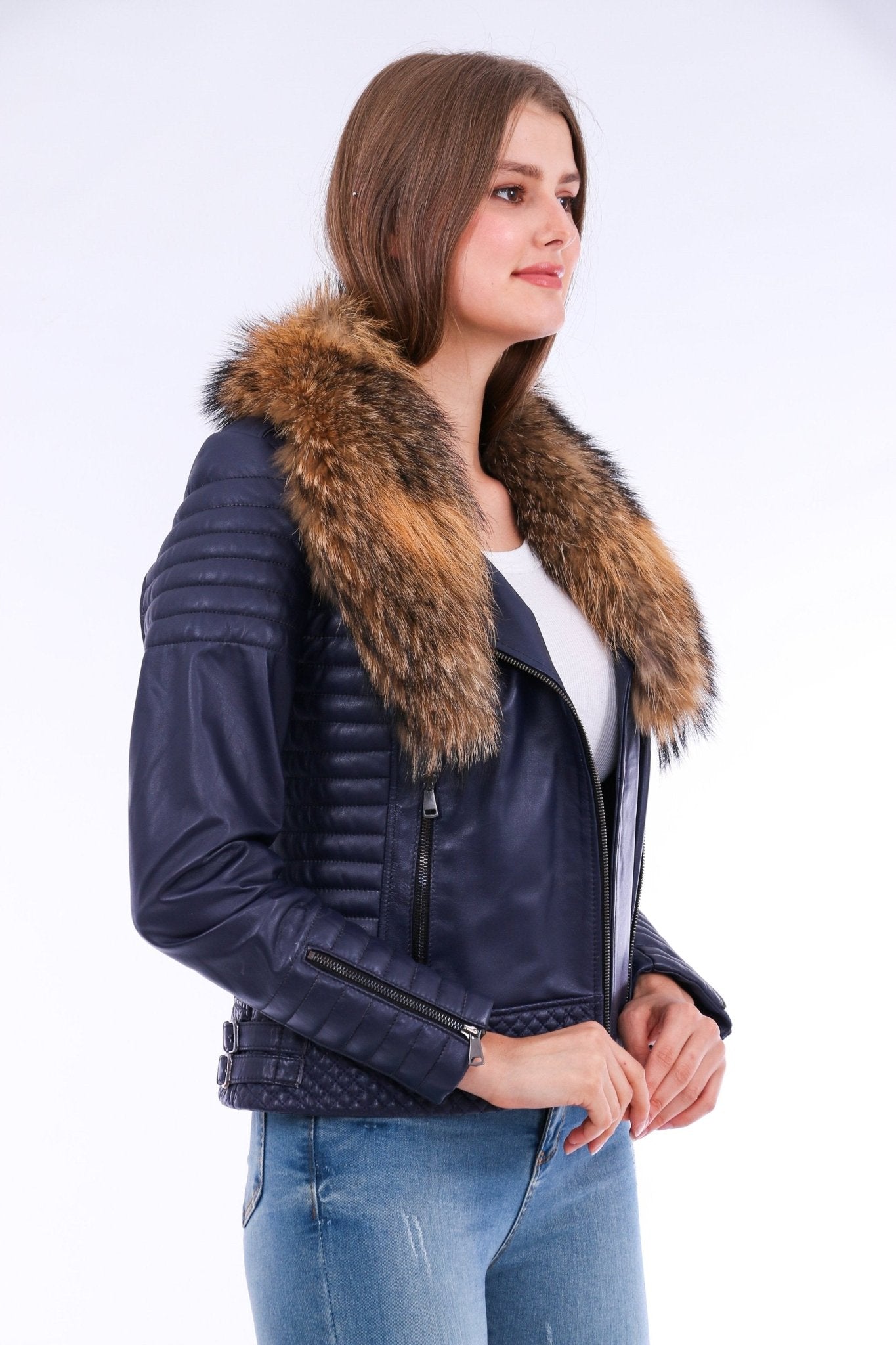 Milani Navy Blue Quilted Leather Biker Jacket - Premium Nappa Lambskin Women's Motorcycle Jacket - Style Queenz