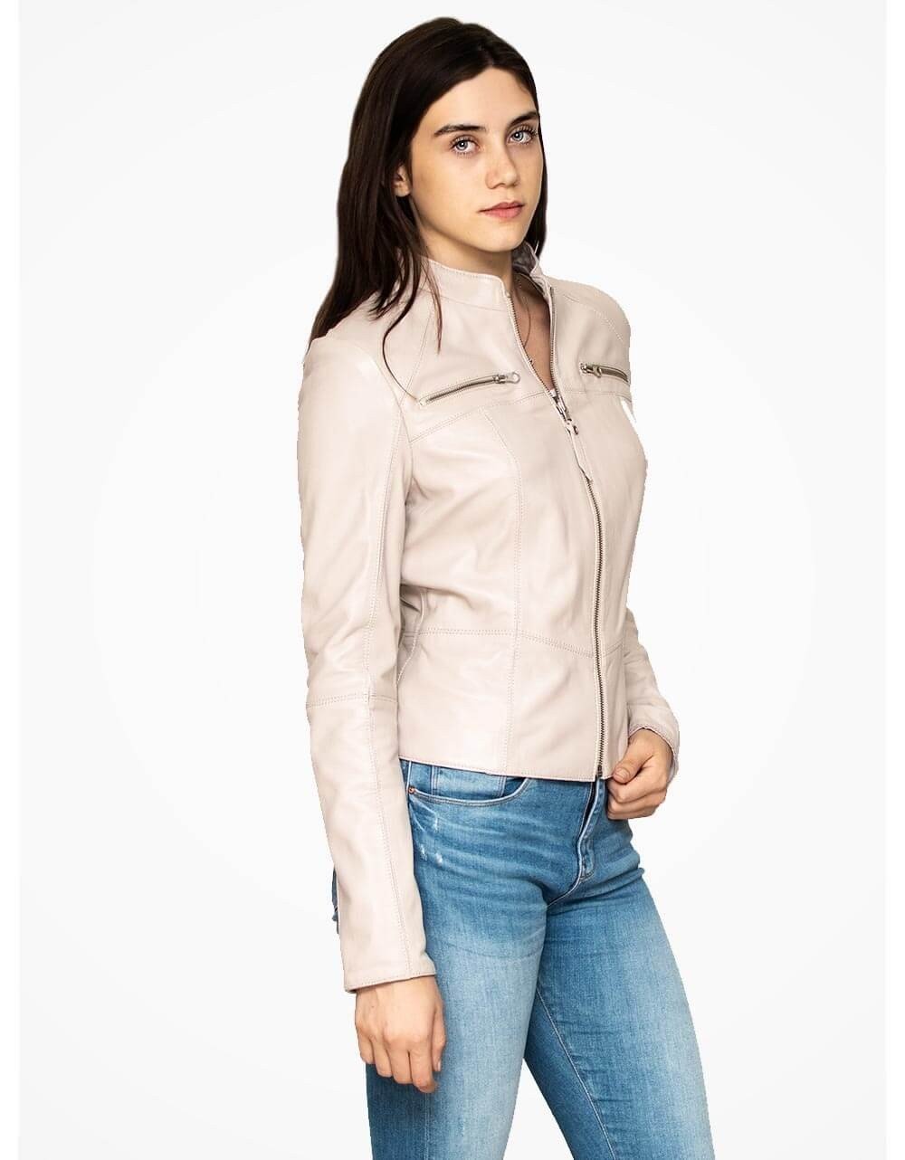 Off White Leather Motorcycle Jacket Women - Premium Genuine Leather Design - Style Queenz