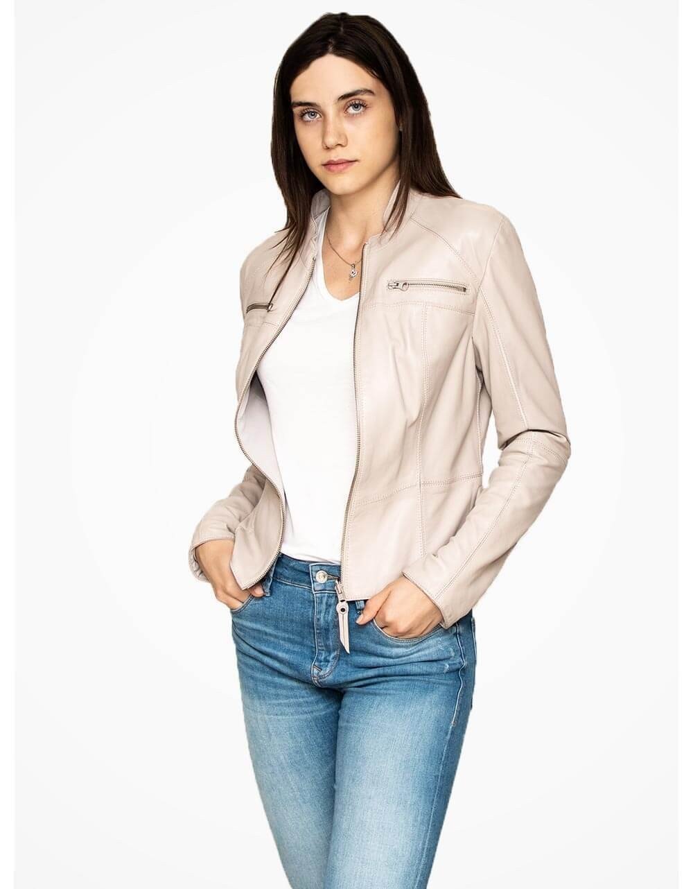 Off White Leather Motorcycle Jacket Women - Premium Genuine Leather Design - Style Queenz