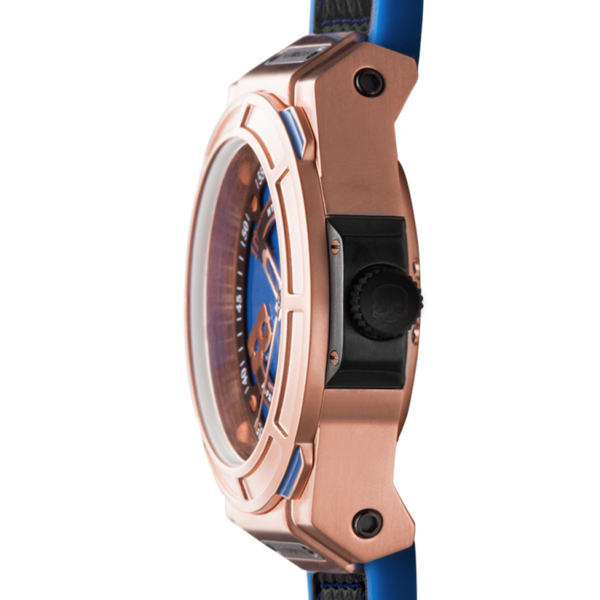 Close-up of a watch with rose gold case and blue strap on a white background